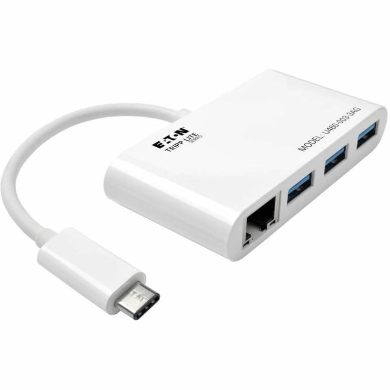 Tripp Lite by Eaton 3-Port USB 3.x (5Gbps) Hub with LAN Port USB-C to 3x USB-A Ports and Gigabit Ethernet White - Thumbnail 1
