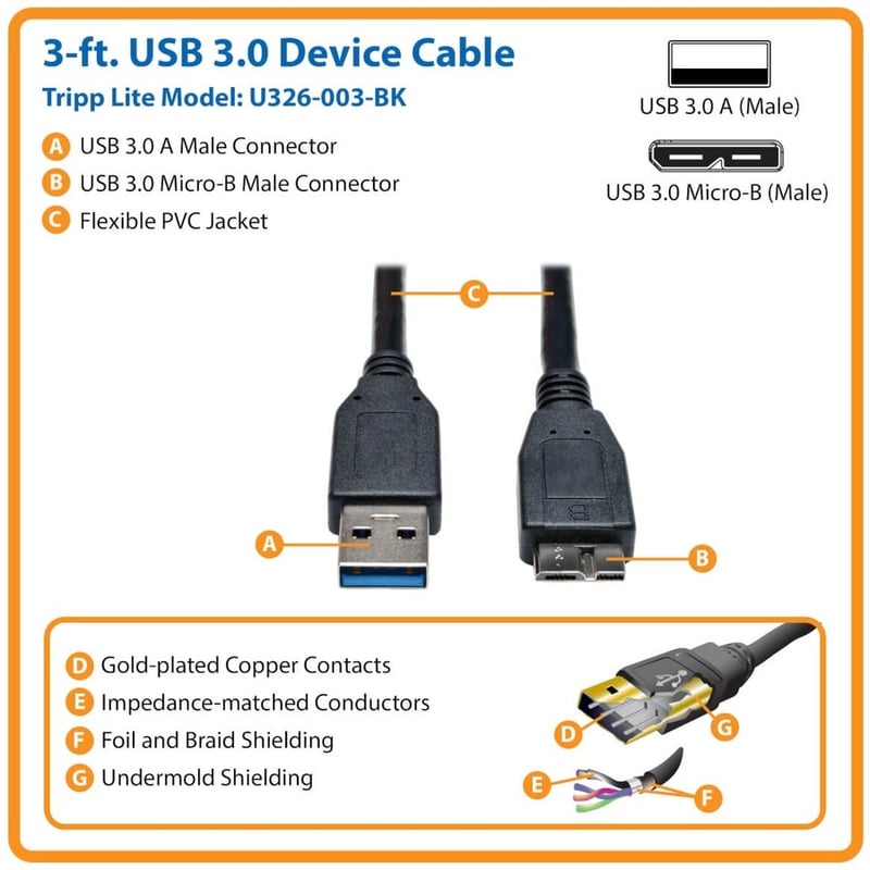 Eaton Tripp Lite Series USB 3.0 SuperSpeed Device Cable (A to Micro-B M/M) Black, 3 ft. (0.91 m) - Thumbnail 2