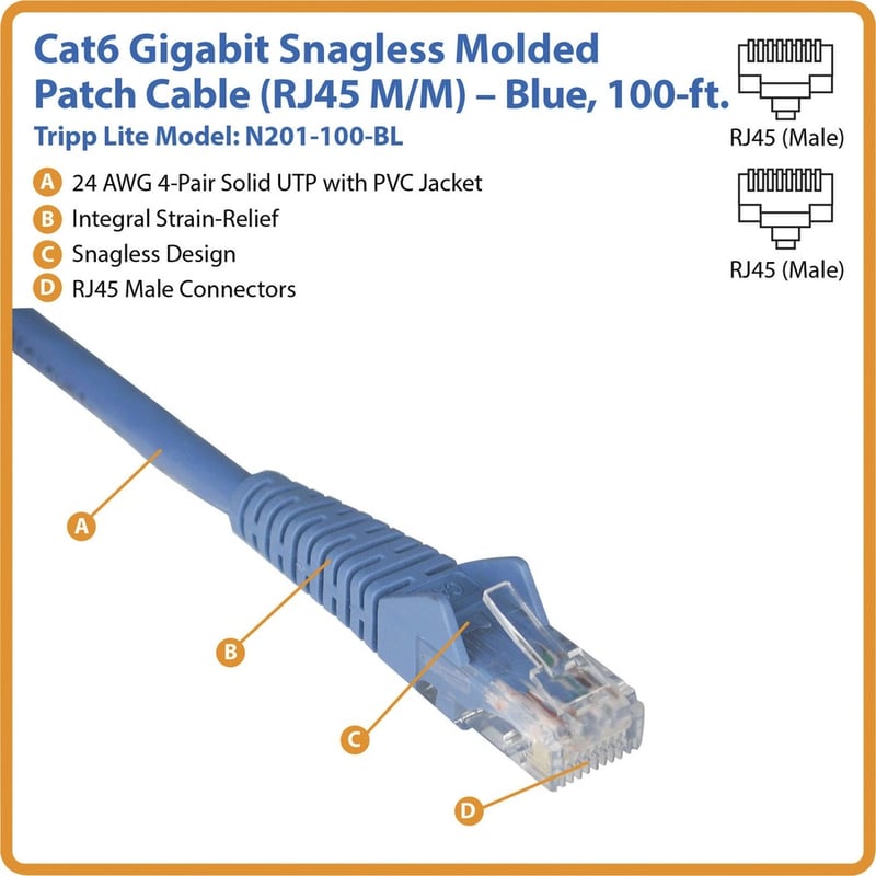 Eaton Tripp Lite Series Cat6 Gigabit Snagless Molded (UTP) Ethernet Cable (RJ45 M/M), PoE, Blue, 100 ft. (30.5 m) - Thumbnail 2