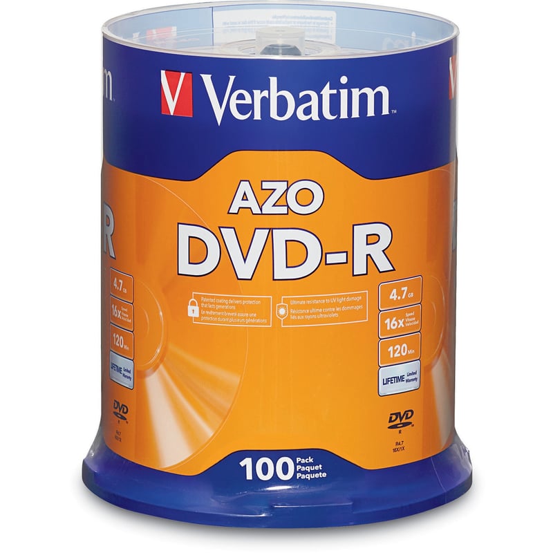Verbatim 95102 DVD Recordable Media - DVD-R - 16x - 4.70 GB - 100 Pack Spindle - Thumbnail 1
