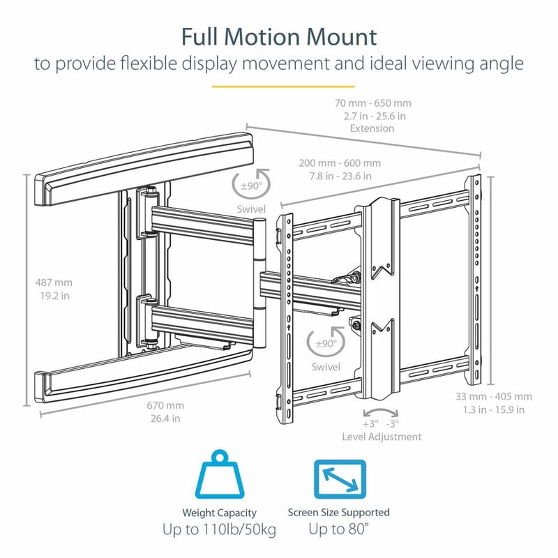 StarTech.com TV Wall Mount for up to 80" VESA Mount Displays - Low Profile Full Motion TV Mount - Heavy Duty Adjustable Articulating Arm - Thumbnail 2