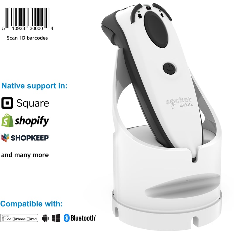 Socket Mobile DuraScan D730, Laser Barcode Scanner, White & Charging Dock - Thumbnail 1