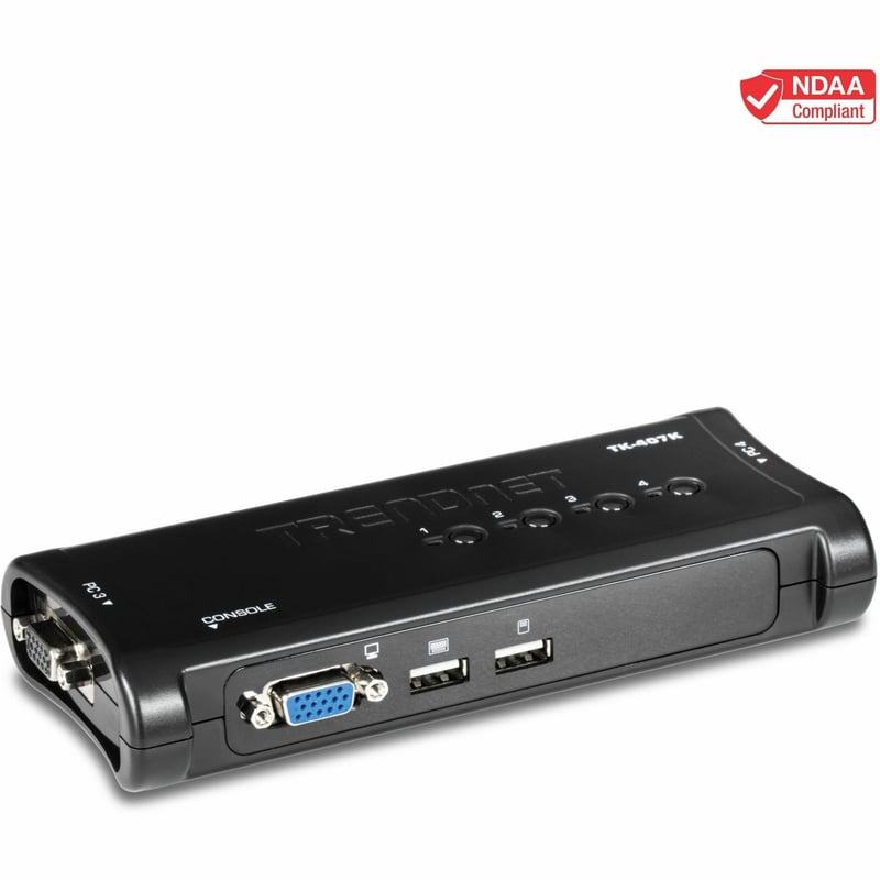 TRENDnet 4-Port USB KVM Switch Kit, VGA And USB Connections, 2048 x 1536 Resolution, Cabling Included, Control Up To 4 Computers, Compliant With Window, Linux, and Mac OS, TK-407K - Thumbnail 1