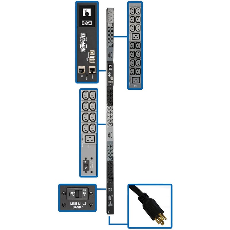 Tripp Lite by Eaton PDU 10kW 200-240V 3PH Monitored PDU - LX Interface Gigabit 48 Outlets L15-30P LCD 1.8 m Cord 0U 1.8 m Height TAA - Thumbnail 1