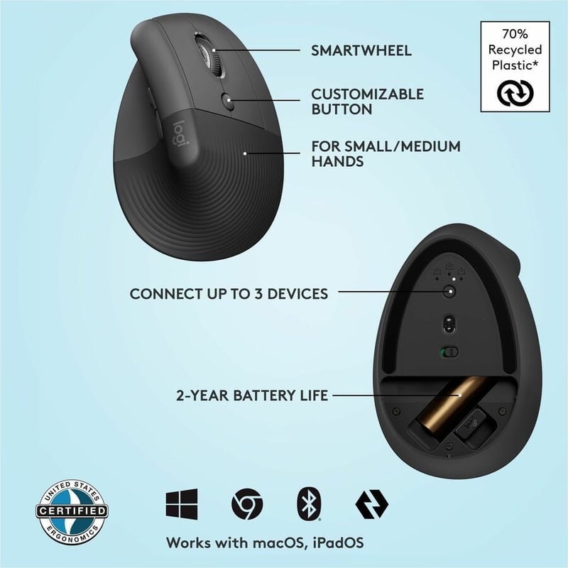 Logitech Lift Vertical Ergonomic Mouse (Graphite) - Thumbnail 3