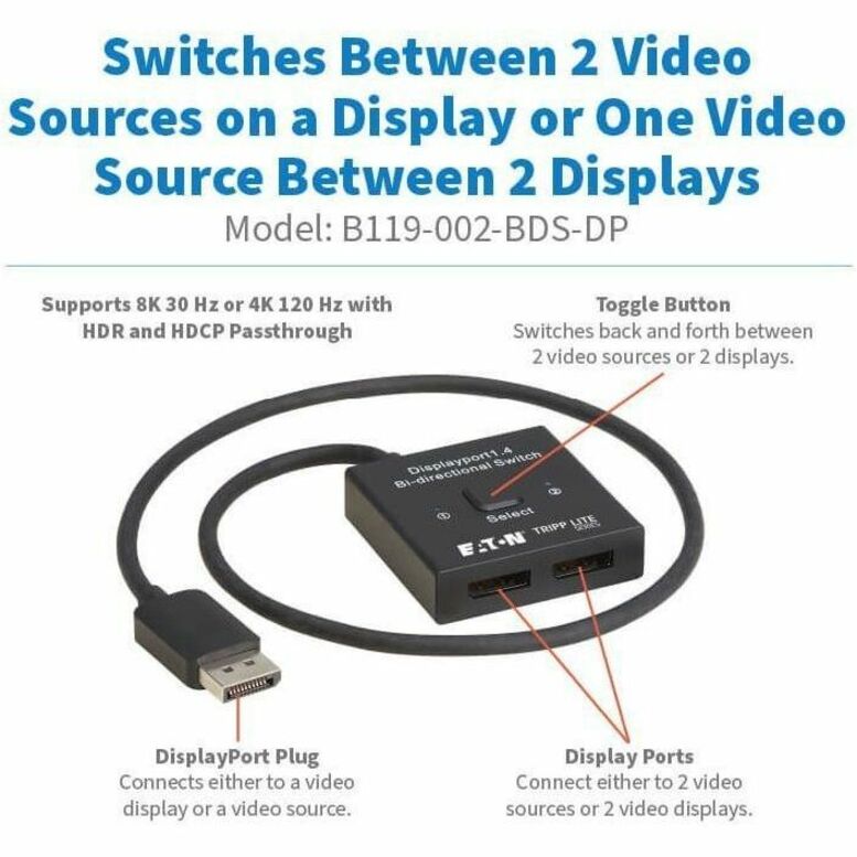 2X1 BIDIRECT DISPLAYPORT SWITCH 4K120HZ 8K30HZ HDR HDCP PASSTHROUGH