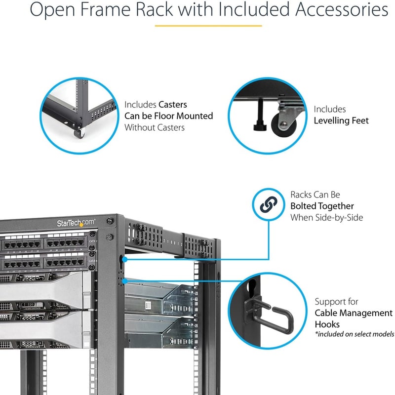 StarTech.com 4-Post 15U Mobile Open Frame Server Rack, 19" Network Rack with Casters, Rolling Rack for Computer/AV/Data/IT Equipment - Thumbnail 5