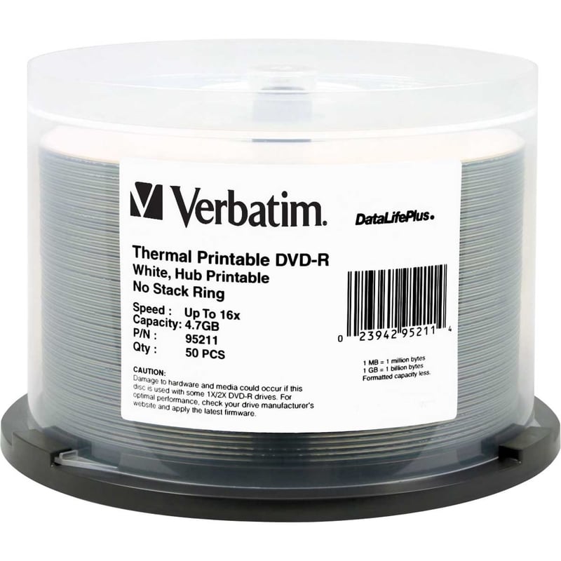 Verbatim DVD-R 4.7GB 16X DataLifePlus White Thermal Printable, Hub Printable - 50pk Spindle - Thumbnail 1