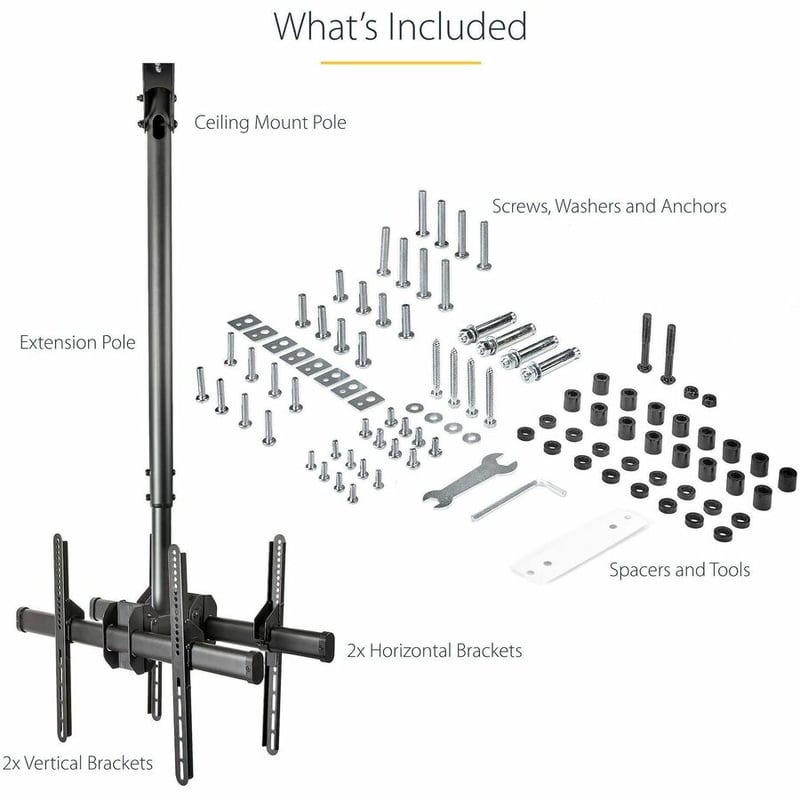 StarTech.com Dual TV Ceiling Mount, Back-to-Back Hanging Dual Screen VESA Pole Mount for 32"-75" TVs - Height Adjustable Telescopic Pole - Thumbnail 3
