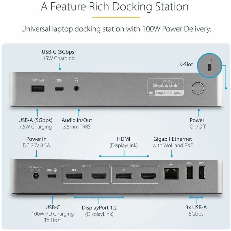 StarTech.com USB-C & USB-A Dock - Hybrid Universal Laptop Docking Station w/ 100W Power Delivery - Dual Monitor 4K 60Hz HDMI & DisplayPort - Thumbnail 3