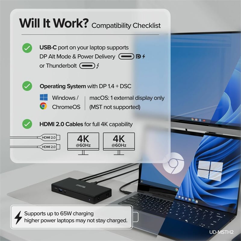 Plugable USB C Docking Station Dual Monitor 2 HDMI Ports, Power Delivery Dock, Dual 4K Monitor for Windows, ChromeOS