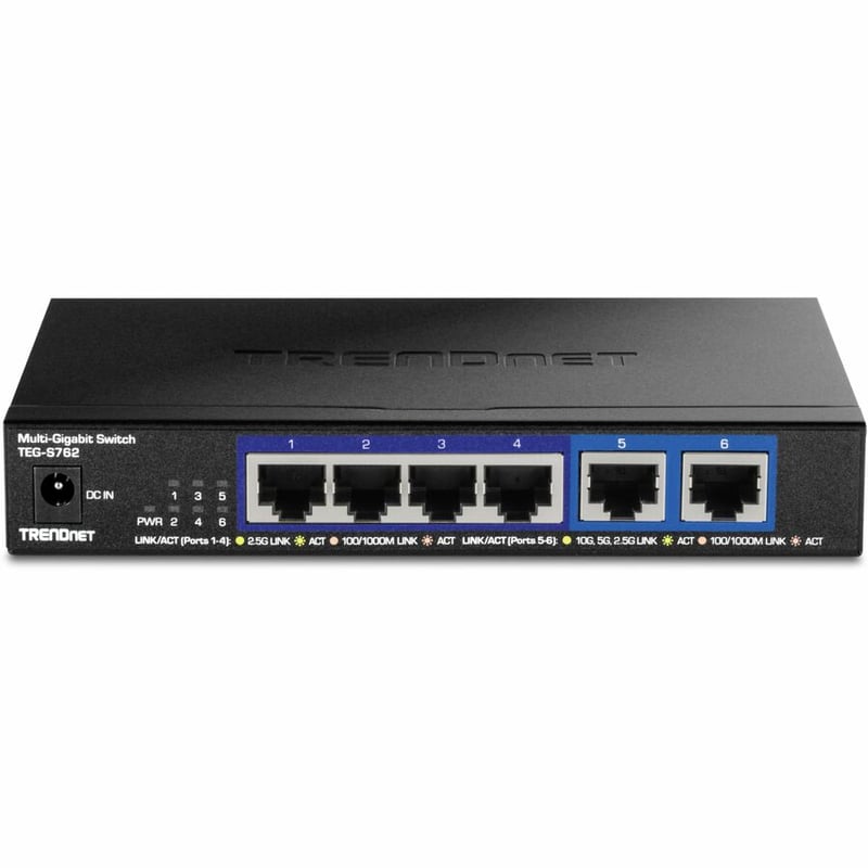 TRENDnet 6-Port 10G Switch, 4 x 2.5G RJ-45 Base-T Ports, 2 x 10G RJ-45 Ports, 60Gbps Switching Capacity, Wall Mountable, 10 Gigabit Network Connections, Lifetime Protection, Black, TEG-S762 - Thumbnail 2