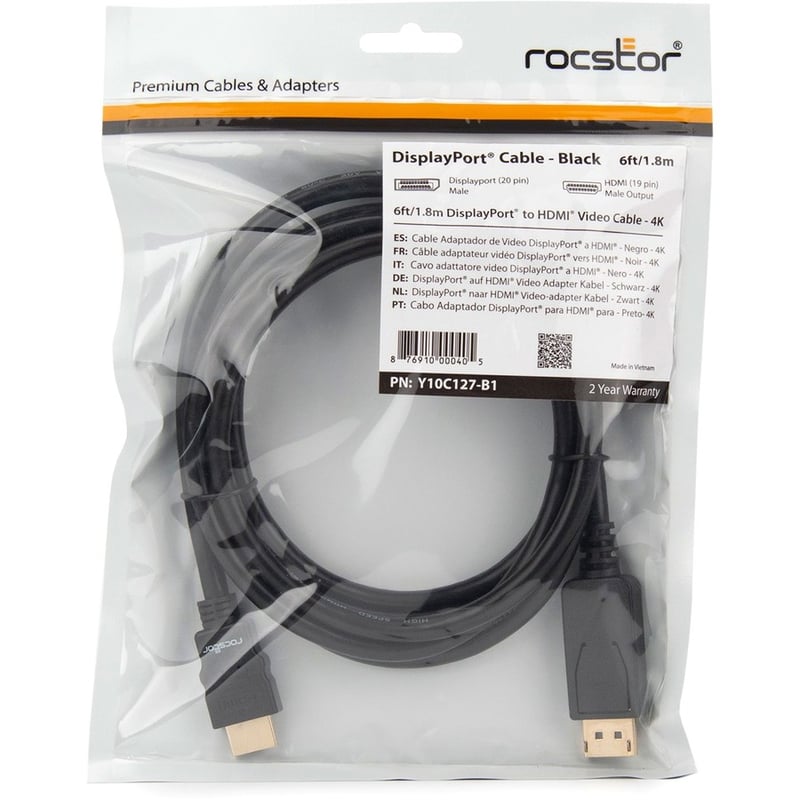 Rocstor Premium DisplayPort to HDMI Converter Cable - 6 ft - 4K - 1 Pack - Thumbnail 5