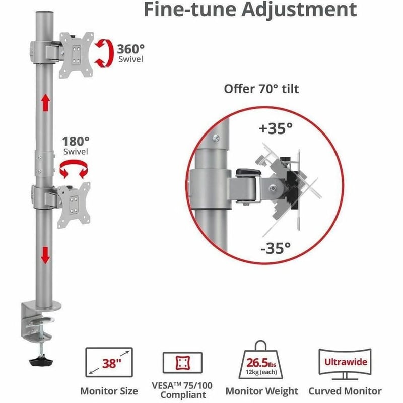 DUAL 38 INCH STACK MONITOR POLE MOUNT 26.5 LBSGRAY - Thumbnail 2
