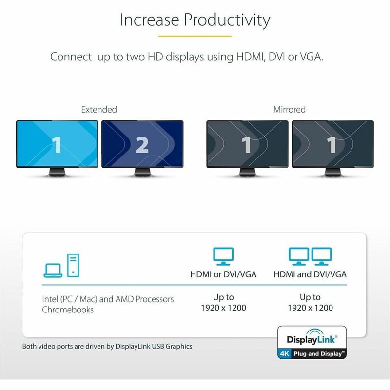 StarTech.com USB 3.0 Docking Station - Compatible with Windows / macOS - Supports Dual Displays - HDMI and DVI - DVI to VGA Adapter Included - USB3SDOCKHD - Thumbnail 5