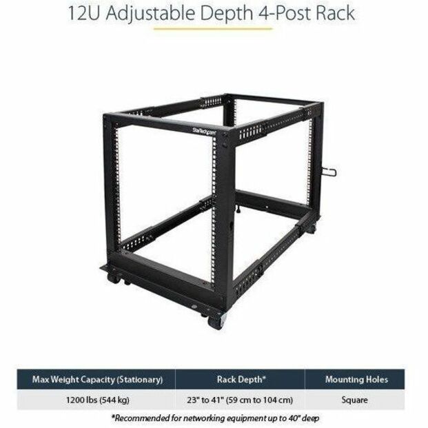 StarTech.com 4-Post 12U Mobile Open Frame Server Rack, 19" Network Rack with Casters, Rolling Rack for Computer/AV/Data/IT Equipment - Thumbnail 3