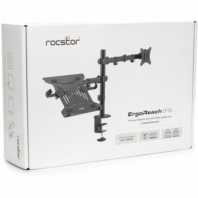 Rocstor ErgoReach Mounting Arm for Display, Monitor, Notebook - Black - Landscape/Portrait - Thumbnail 3