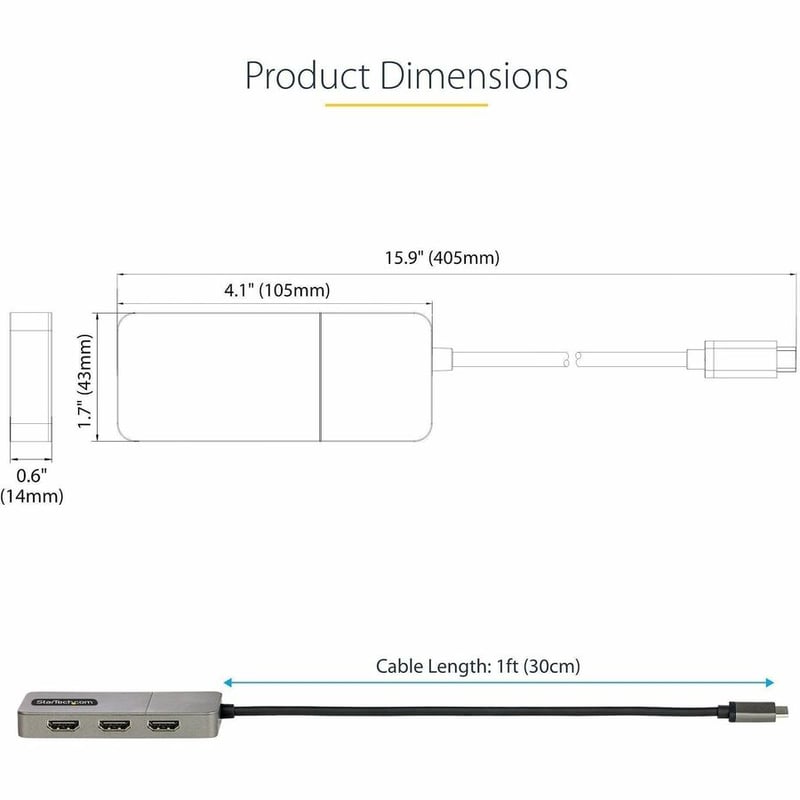 StarTech.com 3-Port USB-C Multi-Monitor Adapter, Type-C to 3x HDMI MST Hub, Triple 4K60Hz HDMI Laptop Display Extender / Splitter, Windows - Thumbnail 3