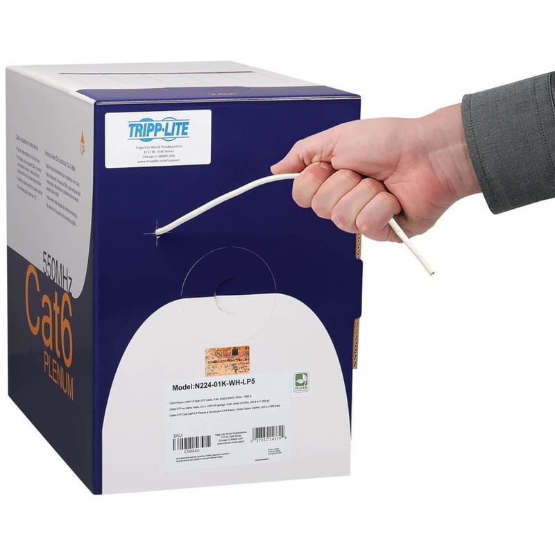 Eaton Tripp Lite Series Cat6 Gigabit Solid Core UTP Bulk Ethernet Cable, CMP-LP 0.5A Plenum, 100W PoE/PoE++, White, 1000 ft. (304.8 m) - Thumbnail 2