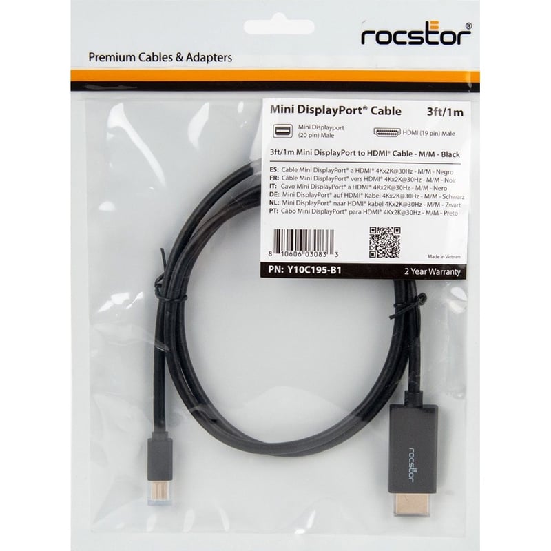 Rocstor Premium Mini DisplayPort to HDMI cable - 3 ft (1m) - 4K/2K - DisplayPort to HDMI Cable - For MacBook, Macbook Pro, Macbook Air, Mac Mini, Ultrabook, Projector, Desktop Computer - 3 ft - 1 Pack - 1 x Mini DisplayPort Male - Thumbnail 3