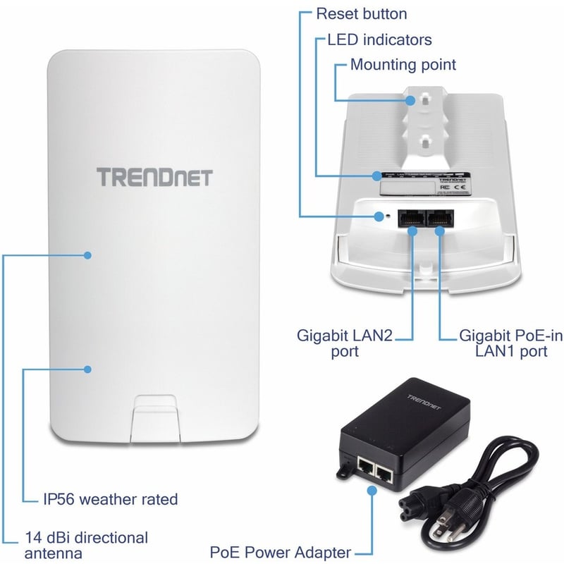TRENDnet 14 DBI WiFi AC867 Outdoor Poe Preconfigured Point-to-Point Bridge Kit; 4 DBI Directional Antennas; for Point-to-Point WiFi Bridging Applications; 5GHz; AC867; TEW-840APBO2K - Thumbnail 4