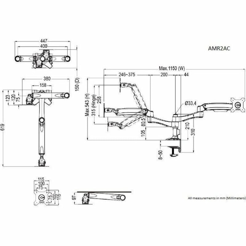 Amer Mounts Dual Articulating Monitor Arm. Supports two 15"-26" LCD/LED Flat Panel Screens - Thumbnail 2