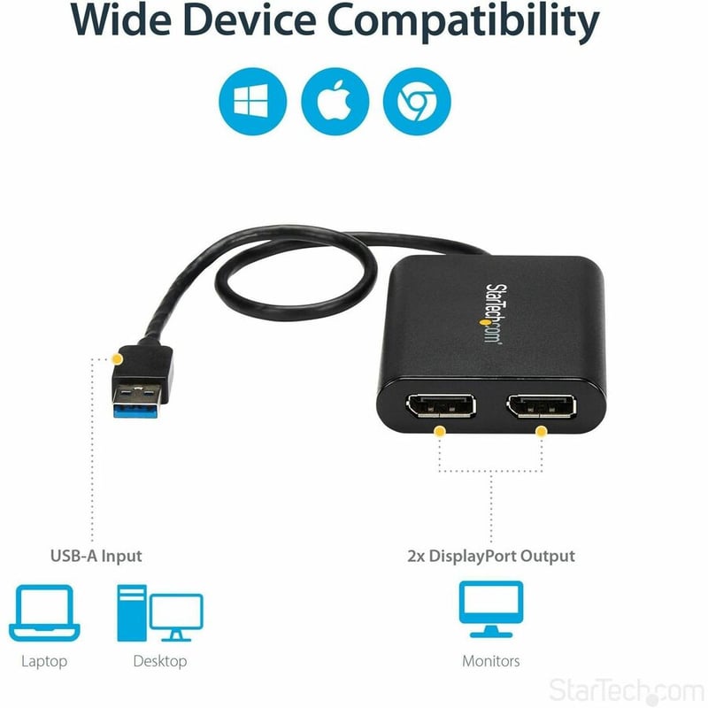 StarTech.com USB to Dual DisplayPort Adapter - 4K 60Hz - USB 3.0 5Gbps - USB Dual Monitor Adapter - Dual DisplayPort Adapter - DisplayLink Certified - Thumbnail 3