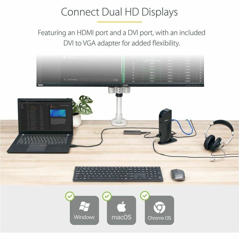 StarTech.com USB 3.0 Docking Station - Compatible with Windows / macOS - Supports Dual Displays - HDMI and DVI - DVI to VGA Adapter Included - USB3SDOCKHD - Thumbnail 2