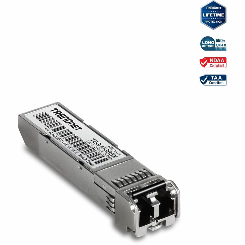 TRENDnet SFP Multi-Mode LC Module, Up To 550m (1800 Ft), Mini-GBIC, Hot Pluggable, IEEE 802.3z Gigabit Ethernet, Supports Up To 1.25 Gbps, Lifetime Protection, Silver, TEG-MGBSX - Thumbnail 1
