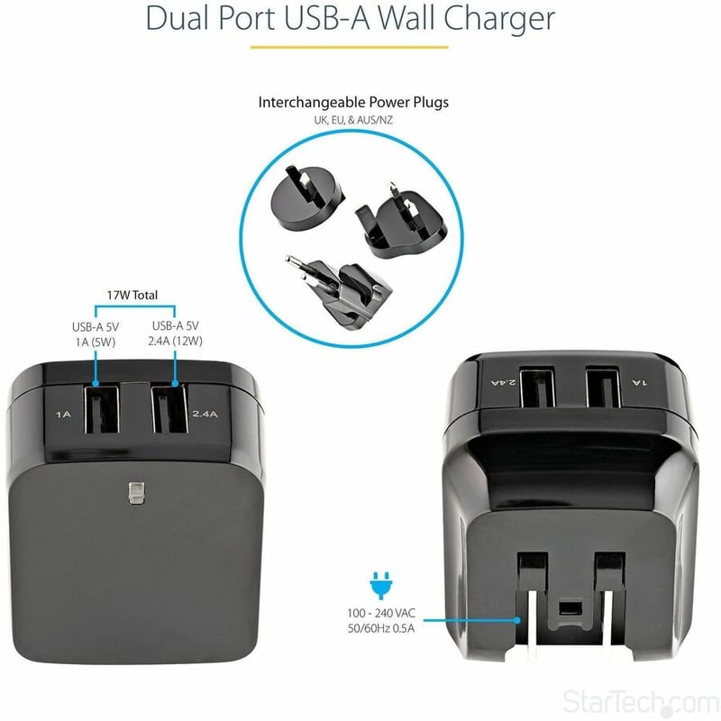StarTech.com Travel USB Wall Charger - 2 Port - Black - Universal Travel Adapter - International Power Adapter - USB Charger - Thumbnail 2