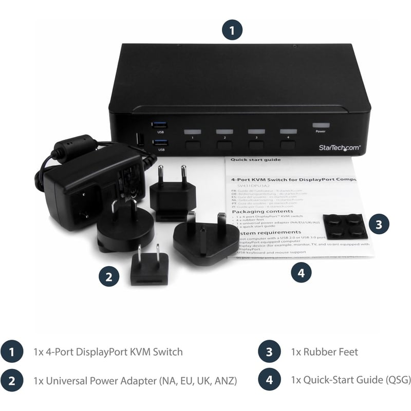 StarTech.com 4-Port DisplayPort KVM Switch - DP KVM Switch with Built-in USB 3.0 Hub for Peripherals - 4K 30 Hz