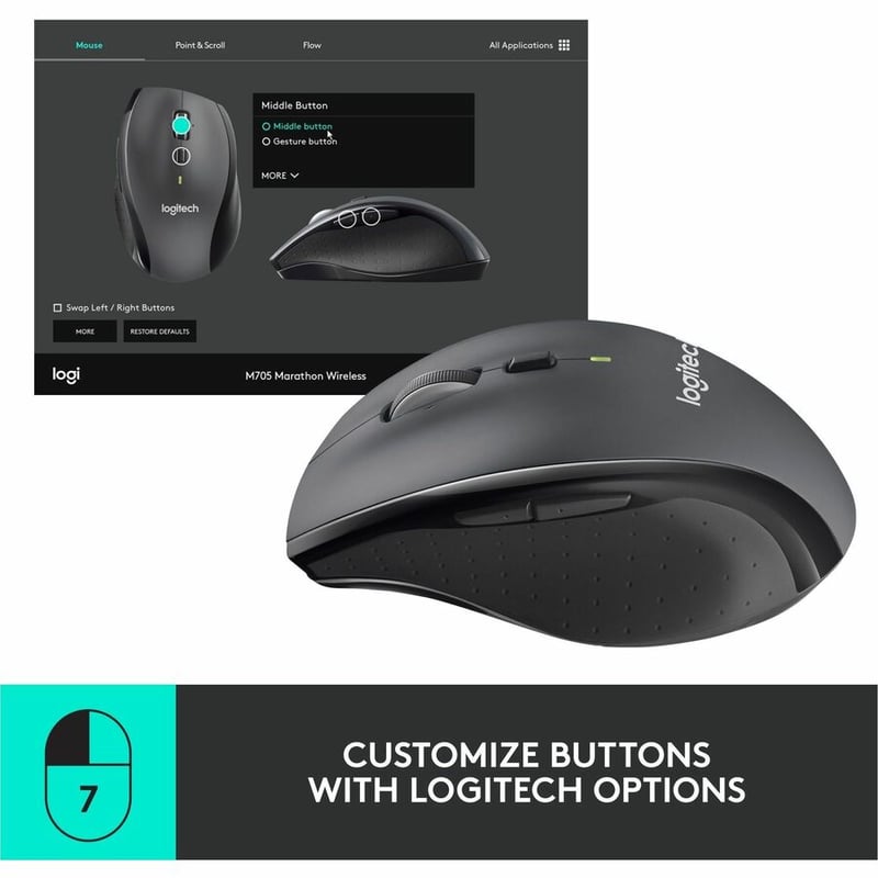 Logitech M705 Marathon Wireless Mouse, 2.4 GHz USB Unifying Receiver, 1000 DPI, 5-Programmable Buttons, 3-Year Battery, Compatible with PC, Mac, Laptop, Chromebook - Black - Thumbnail 4
