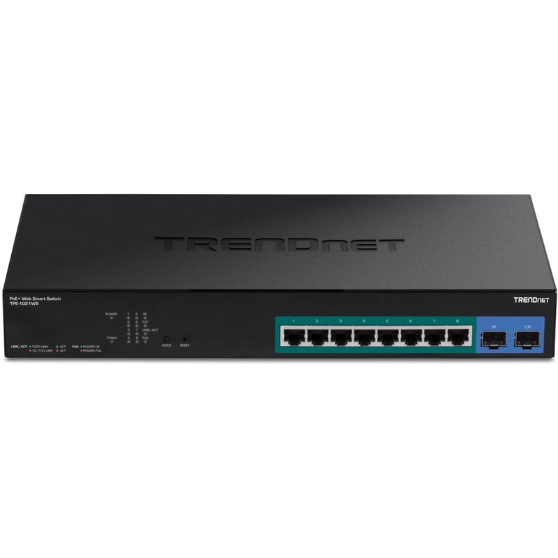 TRENDnet 10-Port Gigabit Web Smart PoE+ Switch with 8 Gigabit PoE+ Ports, 2 SFP Slots, 130W PoE Budget, VLAN, QoS, LACP, IPv4/IPv6 Static Routing, Black, TPE-1021WS - Thumbnail 4