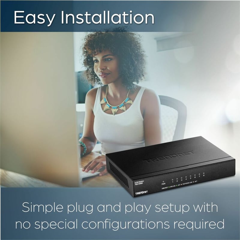 TRENDnet 8-Port Unmanaged 2.5G Switch, 8 x 2.5GBASE-T Ports, 40Gbps Switching Capacity, Backwards Compatible with 1000Mbps Devices, Fanless, Wall Mountable, Black, TEG-S380 - Thumbnail 4