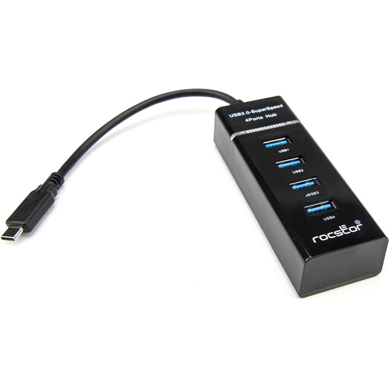 Rocstor Premium Slim Portable 4 Port Hub - USB-C to 4x USB-A Slim Hub - USB 3.0 Hub - Bus Powered - Black - USB C to USB Type-A Hub - USB Type C - External - USB-C 3.1 to 4 USB Type-A 3.0 Port(s) USB-A - Thumbnail 2