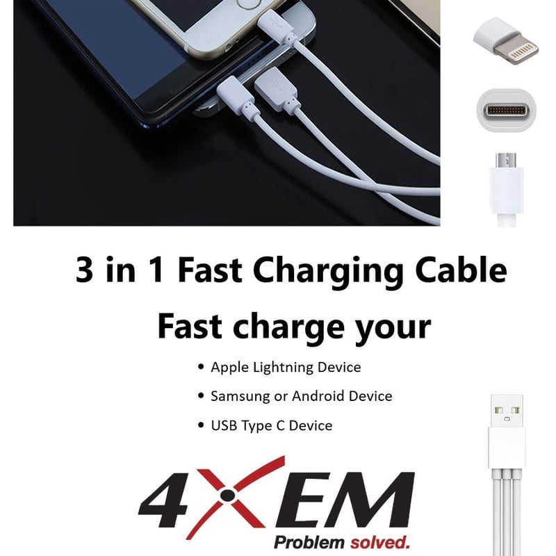 4XEM USB To Lightning Micro USB and USB Type C Cable For iPhone/iPod/iPad/Galaxy - Thumbnail 5