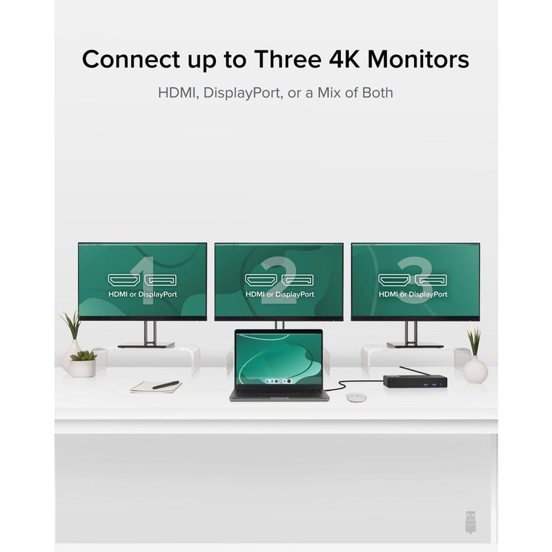 Plugable 12-in-1 USB C Docking Station Triple 4K Displays with 3x HDMI or 3x DisplayPort with 60W Charging - Thumbnail 3