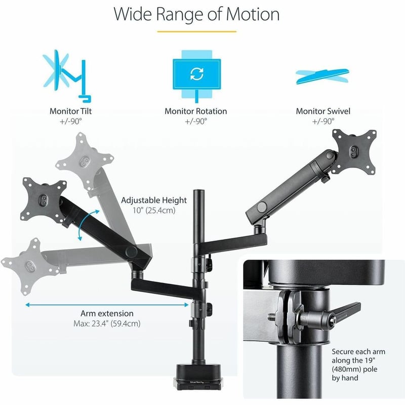 StarTech.com Desk Mount Dual Monitor Arm, Height Adjustable Full Motion Monitor Mount for 2x VESA Displays up to 32" (17.6lb/8kg) - Thumbnail 5