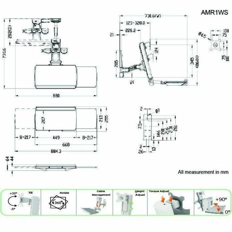 Amer AMR1WS Wall Mount for Flat Panel Display, Monitor, Keyboard, Display - TAA Compliant - Thumbnail 3