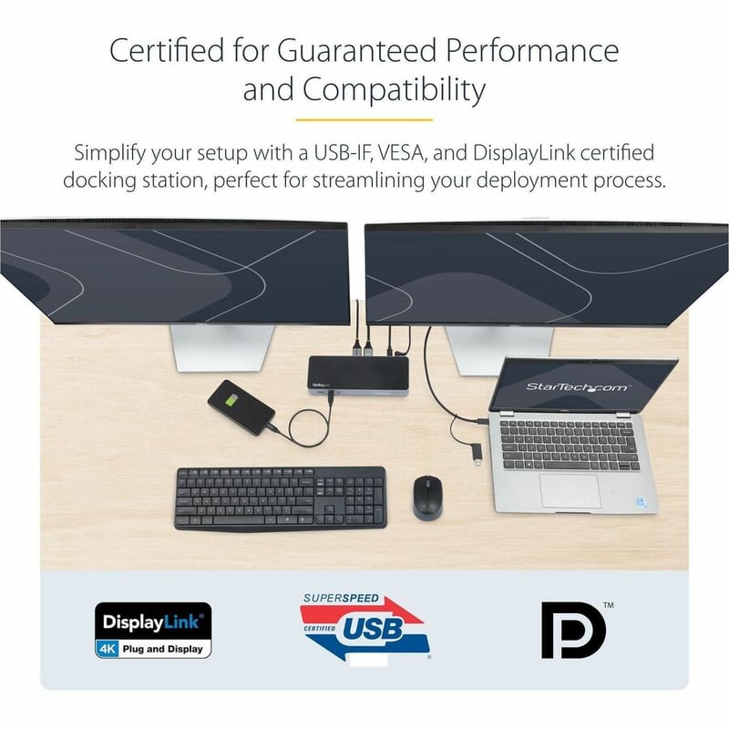 StarTech.com USB-C & USB-A Dock - Hybrid Universal Laptop Docking Station w/ 100W Power Delivery - Dual Monitor 4K 60Hz HDMI & DisplayPort - Thumbnail 2