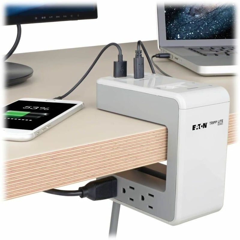 Tripp Lite by Eaton 6-Outlet Surge Protector w/2 USB-A (2.4A Shared) & 1 USB-C (3A) - 8 ft. (2.43 m) Cord, 1080 Joules, Desk Clamp - Thumbnail 3