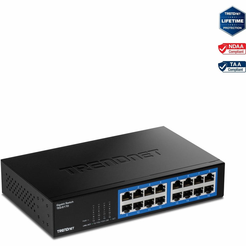 TRENDnet 16-Port Gigabit Desktop Switch, TEG-S17D, 16 x Gigabit RJ-45 Ports, 32Gbps Switching Capacity, Fanless Design, Metal Enclosure, Internal Power Supply, Lifetime Protection, Black - Thumbnail 1