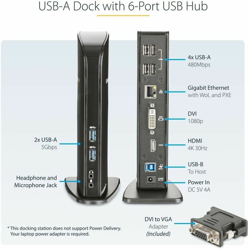 StarTech.com USB 3.0 Docking Station - Compatible with Windows / macOS - Supports Dual Displays - HDMI and DVI - DVI to VGA Adapter Included - USB3SDOCKHD - Thumbnail 3