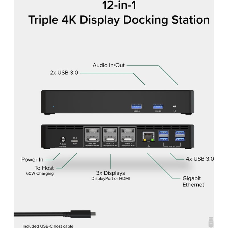Plugable 12-in-1 USB C Docking Station Triple 4K Displays with 3x HDMI or 3x DisplayPort with 60W Charging - Thumbnail 2
