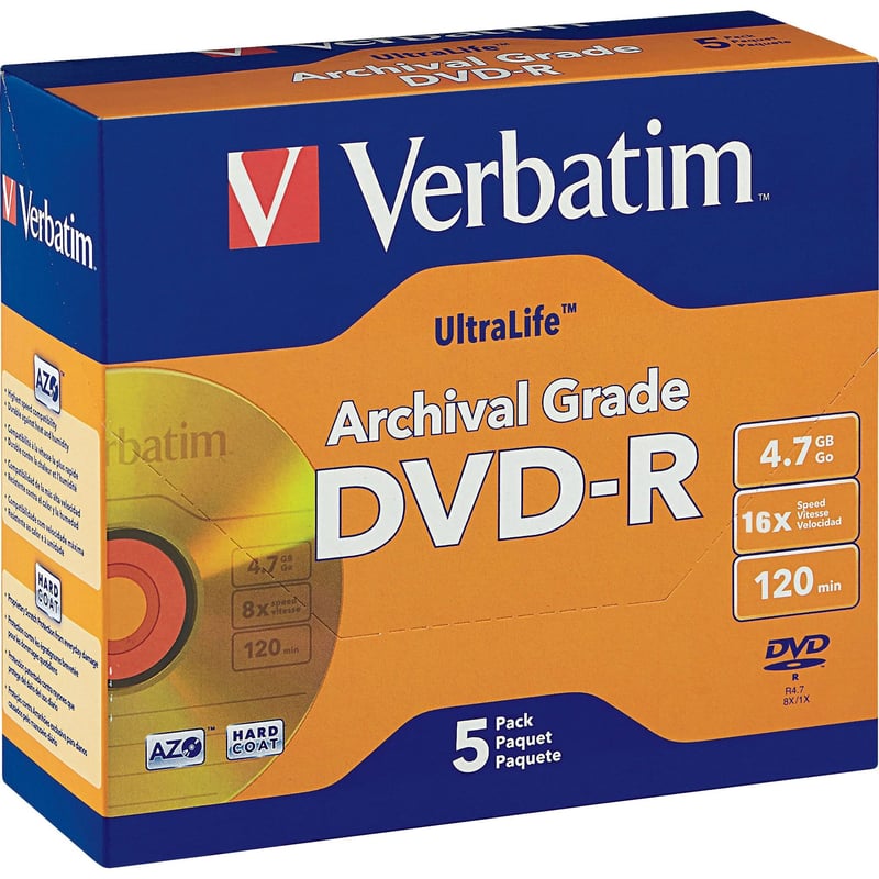 Verbatim DVD-R 4.7GB 16X UltraLife Gold Archival Grade with Branded Surface and Hard Coat - 5pk Jewel Case - Thumbnail 1
