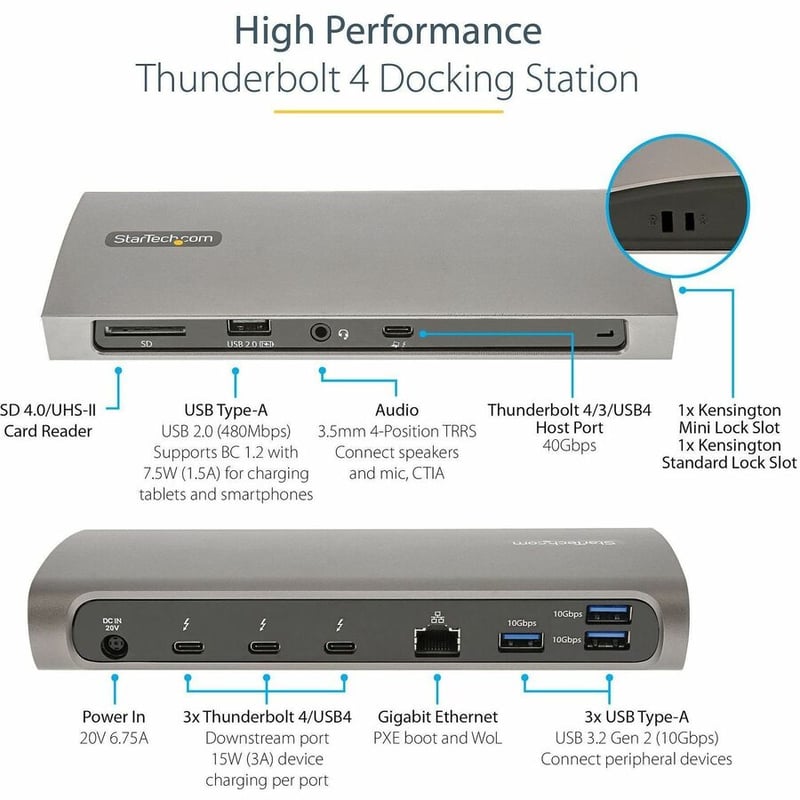 StarTech.com Thunderbolt 4 Dock, 96W Power Delivery, Single 8K / Dual Monitor 4K 60Hz, 3x TB4/USB4 ports, 4x USB-A, SD, GbE, 0.8m cable - Thumbnail 3