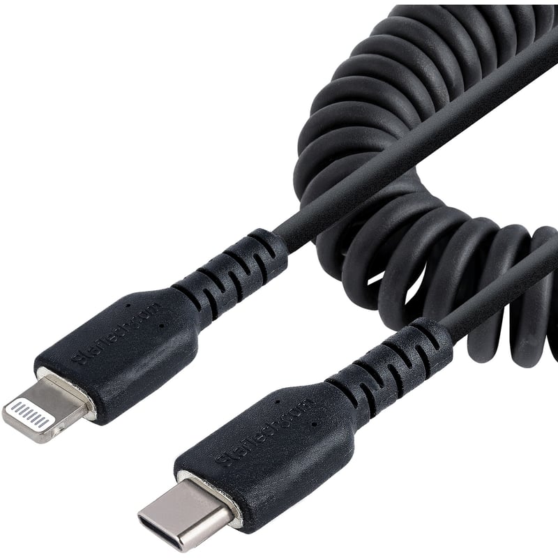 StarTech.com 1m (3ft) USB C to Lightning Cable, MFi Certified, Coiled iPhone Charger Cable, Black, Durable TPE Jacket Aramid Fiber - Thumbnail 1