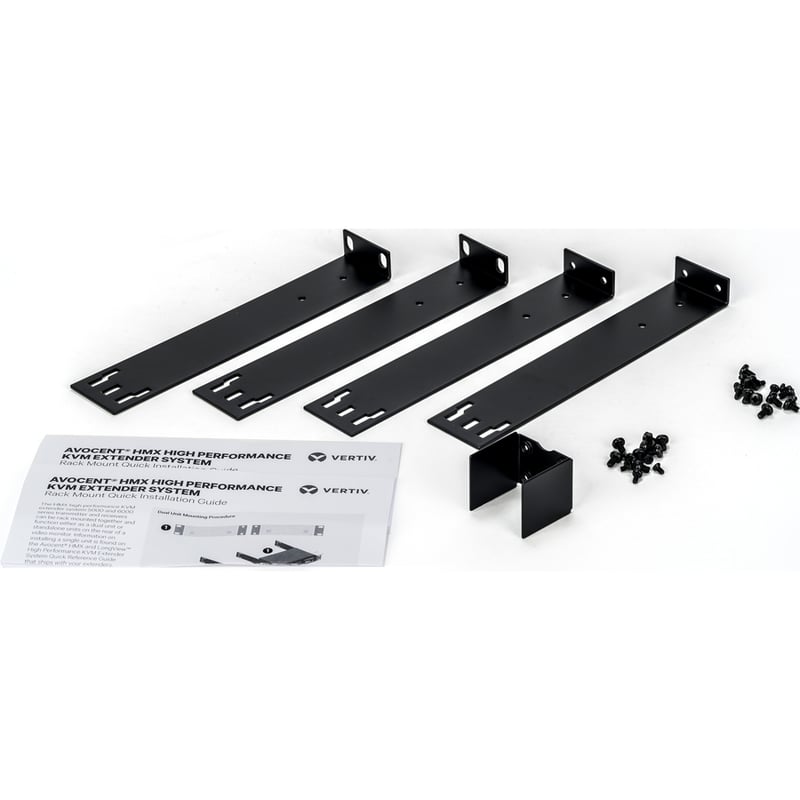 Vertiv Rackmount kit for two Vertiv Avocent HMX 5000/6000 High Performance KVM Systems contains metal brackets and screws. - Thumbnail 2