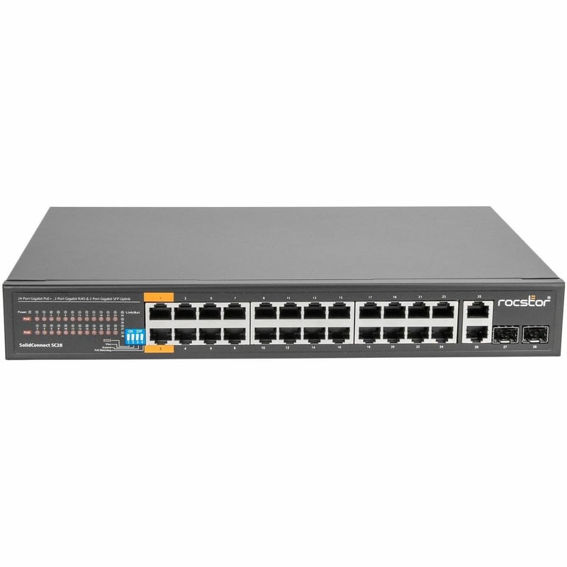 Rocstor SolidConnect SC28 28 Port Switch, 24-Port PoE+ Gigabit Unmanaged Ethernet Port, 2x Gigabit RJ45 & 2x SFP uplink - 802.3af/at - Thumbnail 1