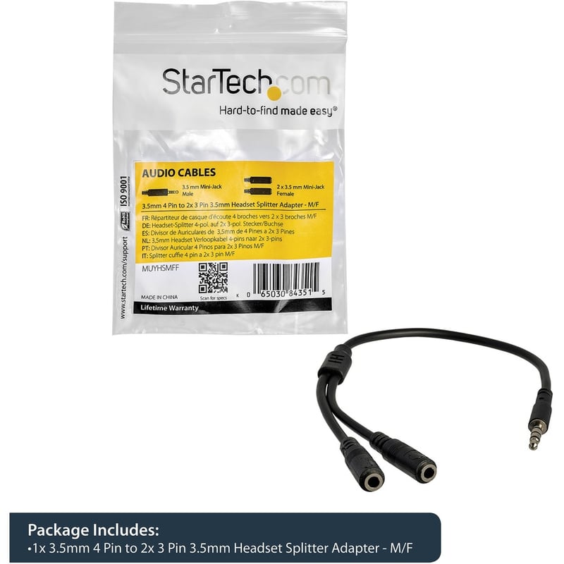 StarTech.com Headset adapter for headsets with separate headphone / microphone plugs - 3.5mm 4 position to 2x 3 position 3.5mm M/F